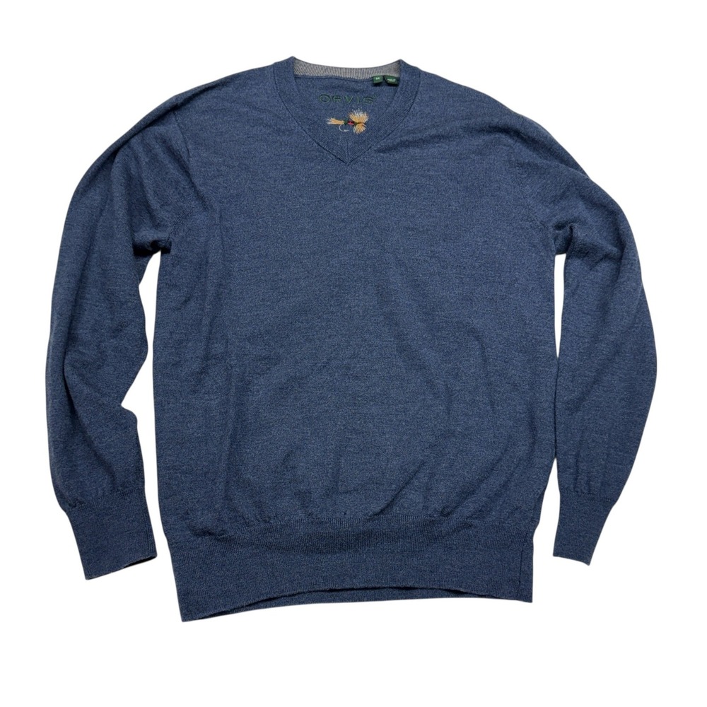 Orvis Mens Blue 100% Merino Wool V-Neck Sweater Size Medium Fly Fishing Logo